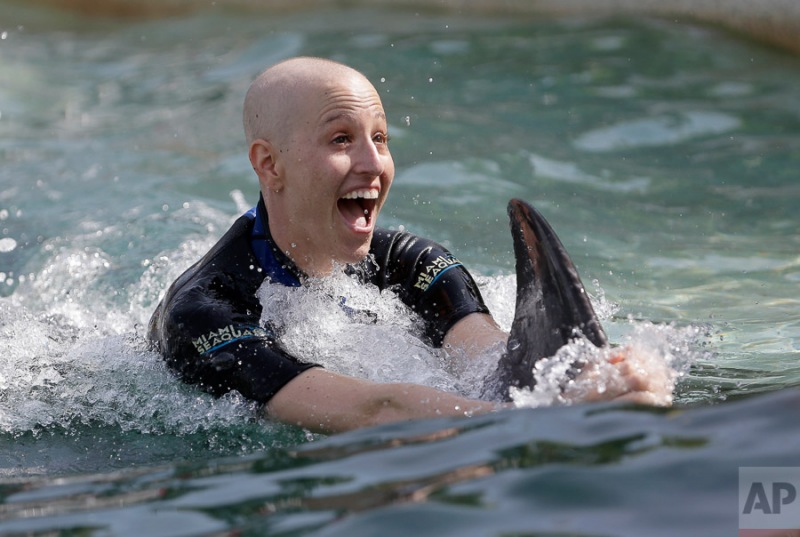 Lainey Kieffer, 29, of Miami, smiles while hanging on tight to the dorsal fin of a dolphin as she and 27 other breast cancer survivors swim with the dolphins, Wednesday, Sept. 25, 2013 at Miami Seaquarium in Miami. The event was put on by the Susan G. Komen Miami/Fort Lauderdale affiliate and Miami Seaquarium in advance of October, Breast Cancer Awareness Month. Kieffer was diagnosed with breast cancer in April of this year. (AP Photo/Wilfredo Lee)