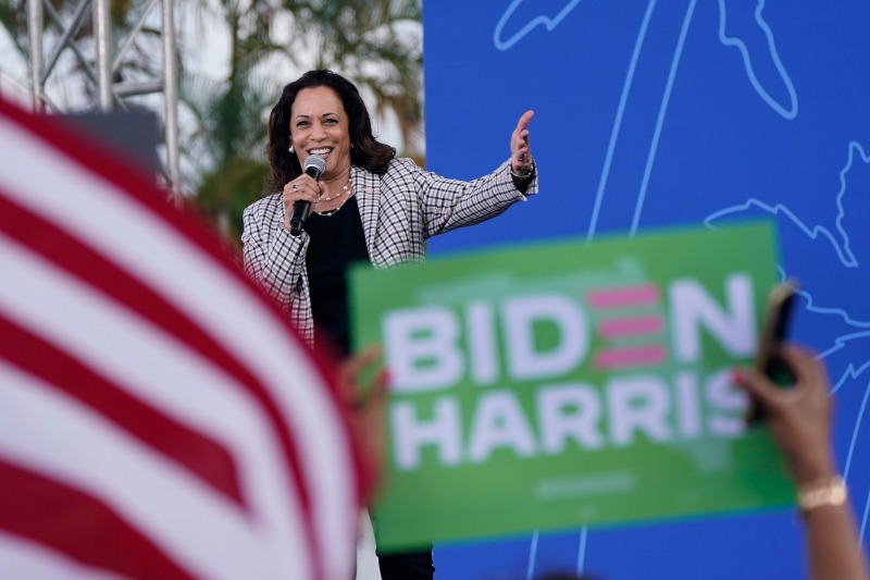 Democratic vice presidential candidate Sen. Kamala Harris, D-Calif., speaks during a drive-in get out the vote rally, Saturday, Oct. 31, 2020, at Palm Beach State College in Lake Worth, Fla. (AP Photo/Wilfredo Lee)