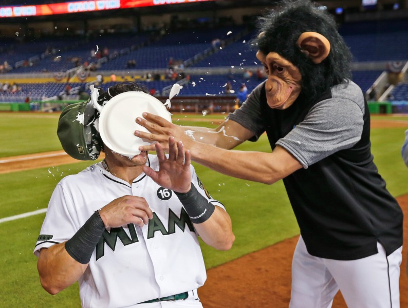 Wearing a monkey mask, Miami Marlins' Miguel Rojas, right, hits Derek Dietrich with a cream pie as Dietrich was being interviewed after the Marlins defeated the Philadelphia Phillies 4-1 during a baseball game, Monday, May 29, 2017, in Miami. Dietrich hit a two-run homer, his second of the year, to make it 4-1 in the sixth. (AP Photo/Wilfredo Lee)